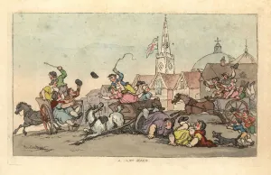 A cart race in an English town with an accident in the foregroun A cart race in an English town with an accident in the foregroun