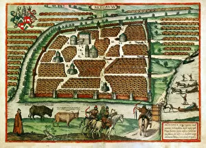 Carte de Moscou (Russie) - Oeuvre de Frans Hogenberg (1535-1590), gravure et aquarelle extraite de Civitates orbis