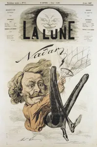 Cartoon of Felix Nadar, pioneer of aerial picture in 1858, here hanging from his balloon Cartoon of Felix Nadar, pioneer of aerial picture in 1858, here hanging from his balloon