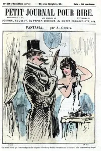 Cartoon about men. A narcissistic gentleman admires his high-form hat with regret in a Cartoon about men. A narcissistic gentleman admires his high-form hat with regret in a