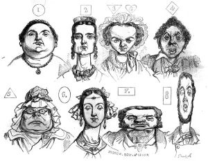 XEE4182694 Cartoons illustrating the different forms of face, expressions, associating them with distinct moral characteristics by Jean Ignace Isidore Gerard Grandville (1803 -1847). In ' The picturesque store' 1835 by Grandville (Jean Ignace Isidore Gerard) (1803-47); Private Collection; (add.info.: Cartoons illustrating the different forms of face, expressions, associating them with distinct moral characteristics by Jean Ignace Isidore Gerard Grandville (1803 -1847), In ' Le magasin picturesque' 1835); Stefano Bianchetti; French, out of copyright Cartoons illustrating the different forms of face, expressions