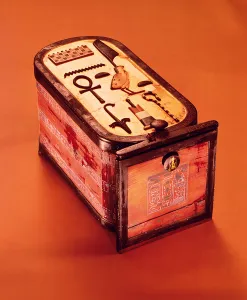 Cartouche-shaped box, from the Tomb of Tutankhamun, New Kingdom (wood with gilding Cartouche-shaped box, from the Tomb of Tutankhamun, New Kingdom (wood with gilding