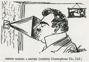 Caruso making his first gramophone recording, 1902 (drawing) Caruso making his first gramophone recording, 1902 (drawing)