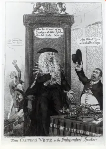 The Casting Vote, or the Independant Speaker, satirical cartoon showing then Prime Minister The Casting Vote, or the Independant Speaker, satirical cartoon showing then Prime Minister