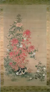 Cat amongst flowers (ink and colours on silk) Cat amongst flowers (ink and colours on silk)