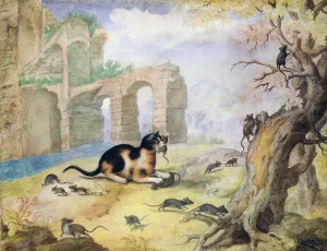 Cat killing mice in a landscape (pen & ink with wash on paper) Cat killing mice in a landscape (pen & ink with wash on paper)