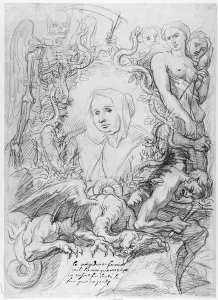 Catherine Monvoisin with the Three Fates on the right and Death on the left Catherine Monvoisin with the Three Fates on the right and Death on the left