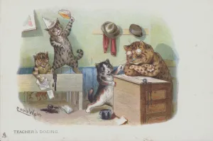 Cats in a classroom: the teacher is dozing and so the students are misbehaving (chromolitho) Cats in a classroom: the teacher is dozing and so the students are misbehaving (chromolitho)