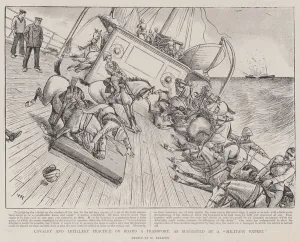 Sea Travel Gallery: Cavalry and Artillery Practice on Board a Transport, as suggested by a 'Military Expert'(engraving)