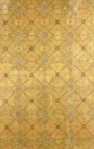 A ceiling panel, with repeating abstract foliate design in olive green, ochre A ceiling panel, with repeating abstract foliate design in olive green, ochre