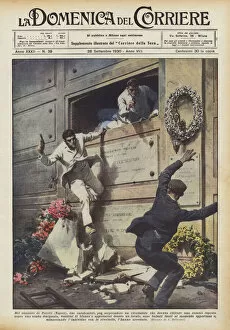 In the cemetery of Portici (Naples), two carabinieri, to surprise a blackmailer who had to... (colour litho)
