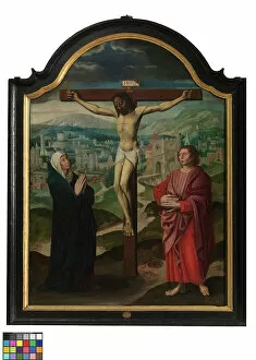Life Of Christ Gallery: Central panel of Triptych with Crucifixion and Texts (oil on panel)