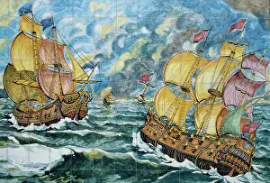 Ceramic panel depicting two sailing ships, Vietri sul Mare production, Campania, Italy Ceramic panel depicting two sailing ships, Vietri sul Mare production, Campania, Italy