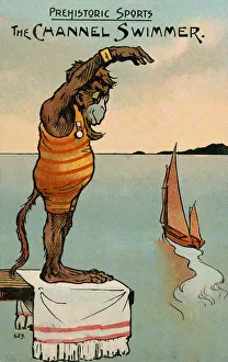Channel swimmer, prehistoric sports (chromolitho) Channel swimmer, prehistoric sports (chromolitho)