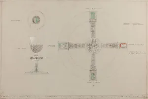 Chapel of Chivalry: proposed chalice, paten and alms dish (pencil, ink, brush Chapel of Chivalry: proposed chalice, paten and alms dish (pencil, ink, brush