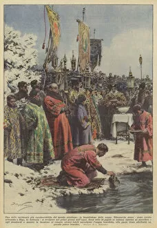 One of the most characteristic ceremonies of the Orthodox world, the blessing of the waters (colour litho)