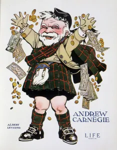 Charge portrait of Andrew Carnegie in plaid suit and throwing money - by Albert Levering Charge portrait of Andrew Carnegie in plaid suit and throwing money - by Albert Levering