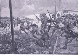 Charge of the Scot's fusiliers at Frederikstad, illustration from'After Pretoria Charge of the Scot's fusiliers at Frederikstad, illustration from'After Pretoria