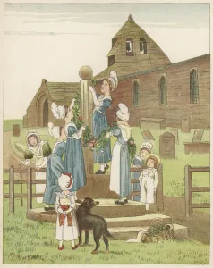 Charity children preparing for the harvest home (colour litho) Charity children preparing for the harvest home (colour litho)