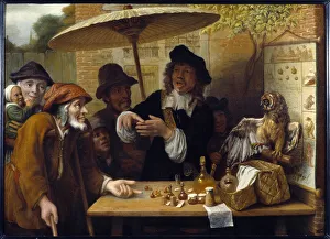The charlatan. Traveller is debating boniments to sell drugs in the public square The charlatan. Traveller is debating boniments to sell drugs in the public square