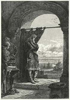 Charlemagne anxiously watching the approach of ships carrying Norman raiders (engraving) Charlemagne anxiously watching the approach of ships carrying Norman raiders (engraving)