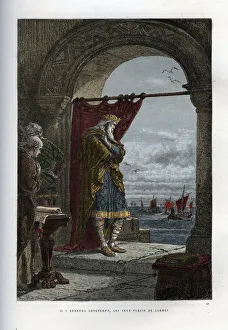 Charlemagne watching the arrival of Norman boats on the French coast - engraving Charlemagne watching the arrival of Norman boats on the French coast - engraving