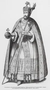 Charlemagne wearing the imperial insignia of the Holy Roman Empire (engraving) Charlemagne wearing the imperial insignia of the Holy Roman Empire (engraving)