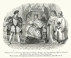Charles VI in Council with his Grand Master and Chamberlain, his Notary and Treasurer, and his War Treasurer (engraving) Charles VI in Council with his Grand Master and Chamberlain, his Notary and Treasurer, and his War Treasurer (engraving)