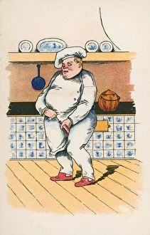Chef opening a bottle with a corkscrew (colour litho) Chef opening a bottle with a corkscrew (colour litho)