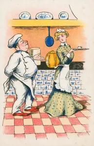 Chef propositioning kitchen maid (colour litho) Chef propositioning kitchen maid (colour litho)