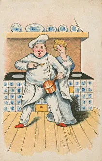 Chef tasting the food with a kitchen maid (colour litho) Chef tasting the food with a kitchen maid (colour litho)