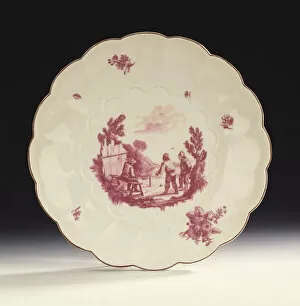 Third Class Gallery: A Chelsea large fluted circular dish painted with three peasants playing marbles after