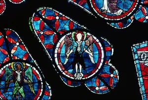Cherubim on wheel, detail from north rose window, c.1223 (stained glass) Cherubim on wheel, detail from north rose window, c.1223 (stained glass)