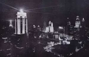 Chicago: Night View of Business District, Showing Two Notable Air-Way Beacons (b/w photo) Chicago: Night View of Business District, Showing Two Notable Air-Way Beacons (b/w photo)