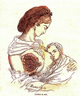 Newborn Collection: The child in the breast (J. Rengade's normal life & health) - Breastfeeding. Drawing by A