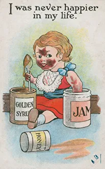Child with golden syrup, jam and honey (colour litho) Child with golden syrup, jam and honey (colour litho)