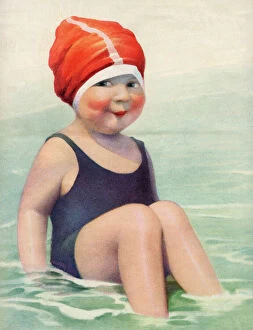 Recreation Collection: Child Wearing a Swim Cap Sitting in the Surf, 1922 (screen print)