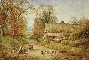 Rural Life Collection: Children Feeding Ducks Beside a Cottage in a Wooded Lane, (watercolour with white heightening)