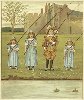 Children fishing outside a country house (colour litho) Children fishing outside a country house (colour litho)