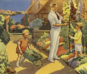 Suburbia Gallery: Children helping father in garden (colour litho)