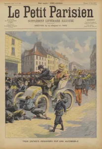 Colliding Gallery: Three children knocked down by a car (colour litho)