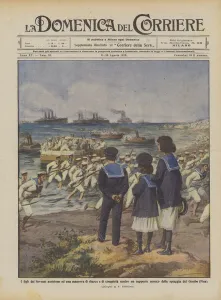 The children of the Sovereigns witness a landing and conquest maneuver against a supposed enemy... (colour litho) The children of the Sovereigns witness a landing and conquest maneuver against a supposed enemy... (colour litho)
