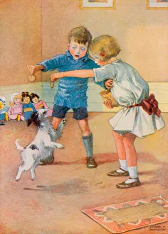 Two children teaching their pet dog to jump (colour litho) Two children teaching their pet dog to jump (colour litho)