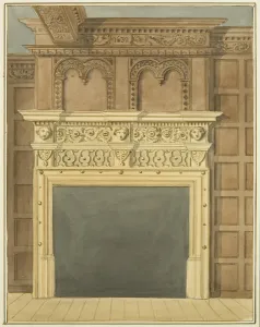Chimneypiece and panelling, dated 1632, in house on north side of St Nicholas Street Chimneypiece and panelling, dated 1632, in house on north side of St Nicholas Street