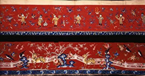 Creative Activity Gallery: Two Chinese horizontal hangings of red wool, One embroidered predominantly in shades of