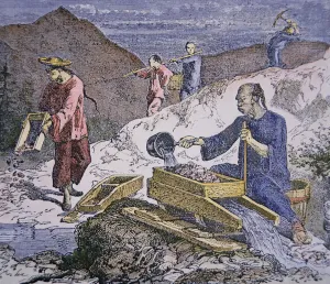 Chinese Immigrants working on the gold fields, 1849 (coloured engraving) Chinese Immigrants working on the gold fields, 1849 (coloured engraving)