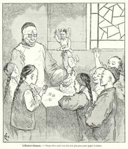 Chinese schoolchildren playing a game of dice with a statue as the prize for the winner Chinese schoolchildren playing a game of dice with a statue as the prize for the winner