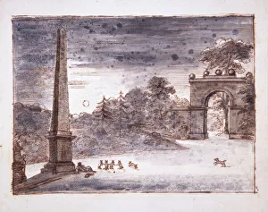 Chiswick, the Burlington Lane Gate and the Obelisk in the moonlight with Kent sitting by Chiswick, the Burlington Lane Gate and the Obelisk in the moonlight with Kent sitting by
