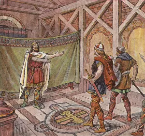 Chlothar I sees the feet of the assassins ordered to kill him by his brother Theuderic (colour litho) Chlothar I sees the feet of the assassins ordered to kill him by his brother Theuderic (colour litho)