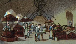 Chocolate manufacture: grinding workshop. Chromolithography of the end of the 19th Chocolate manufacture: grinding workshop. Chromolithography of the end of the 19th